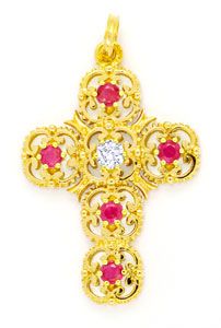 Foto 1 - Diamant Kreuz Anhänger, Spitzen Rubine, Gelbgold, S6087